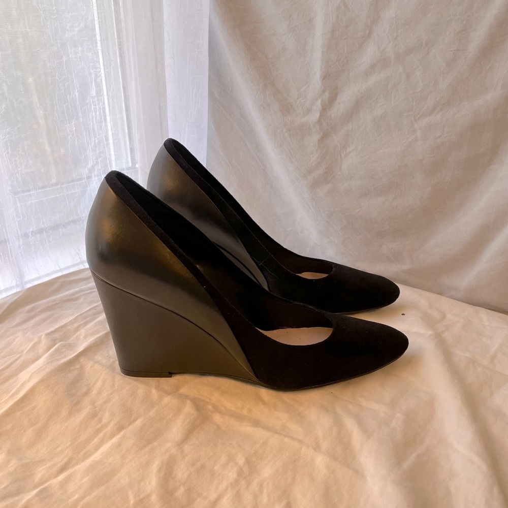 Black leather & suede wedges, 3.5” heel